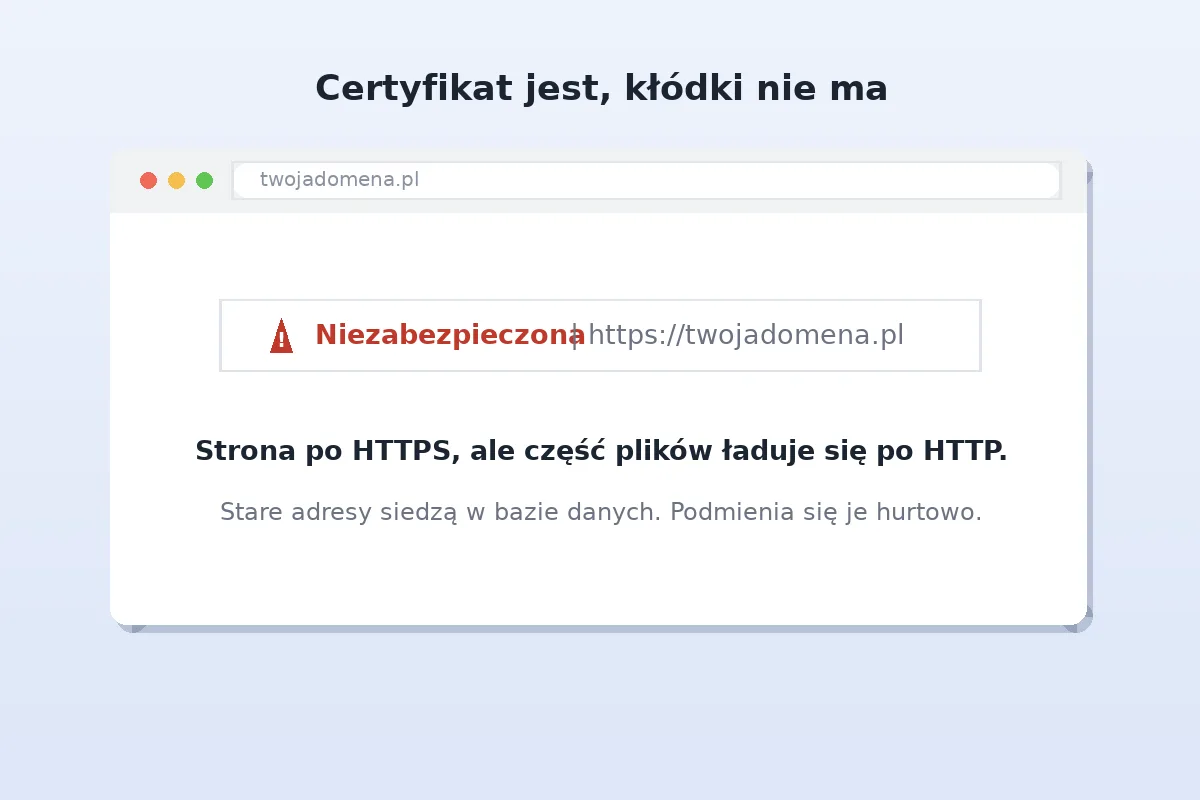 Pasek adresu przeglądarki z ostrzeżeniem zamiast kłódki